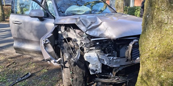 Foto: Auto zwaar beschadigd na botsing tegen boom in Nunspeet